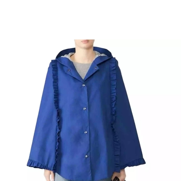 DEBORAH LYONS Blue Ruffled Memphis Cape Coat Hooded Jacket Sz 8 Rain Cottagecore - Picture 4 of 16